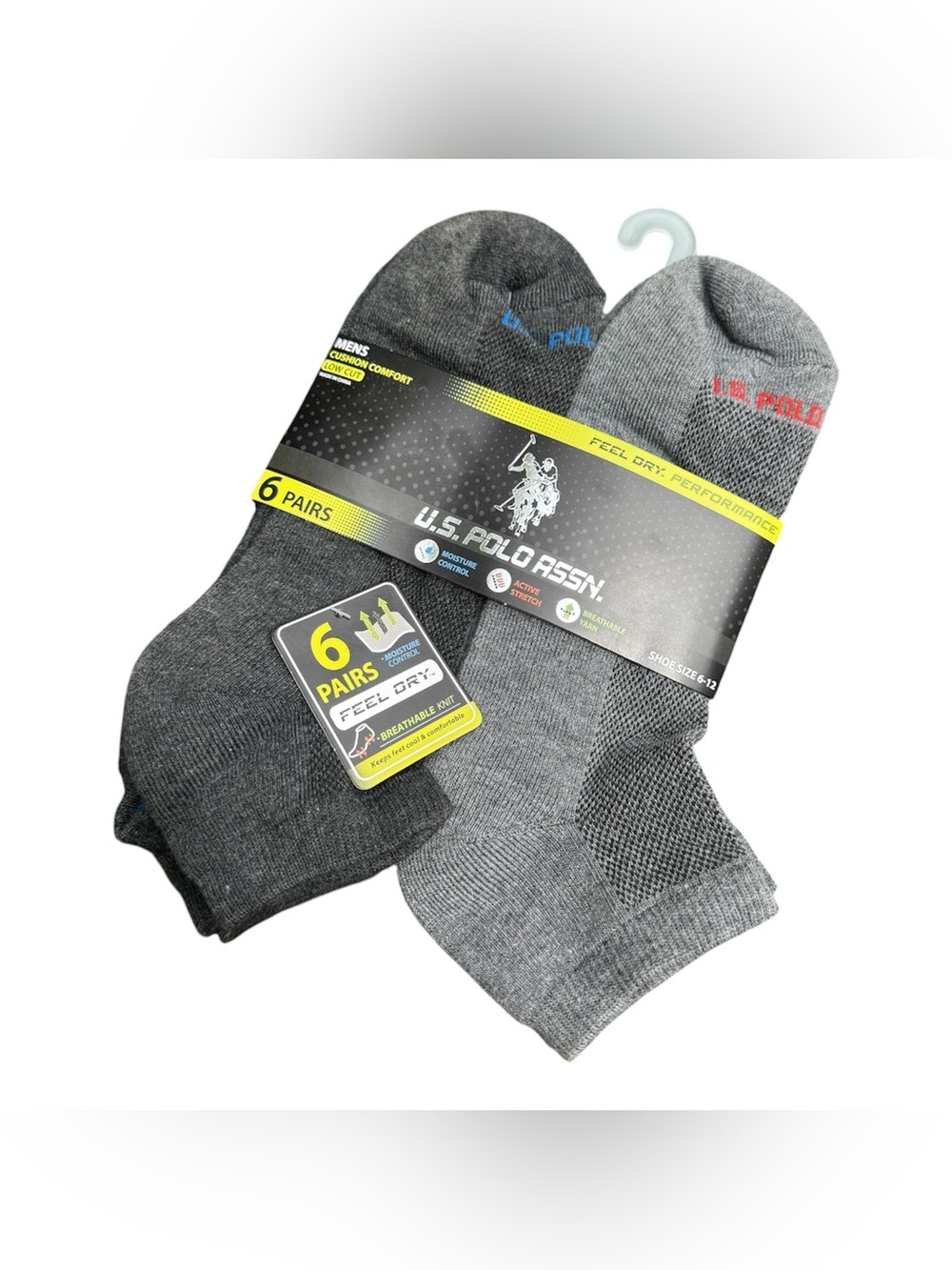 U.s. Polo Assn Black Gray Mens Basic Low Cut Cushion Comfort 6 Pair Socks Pack